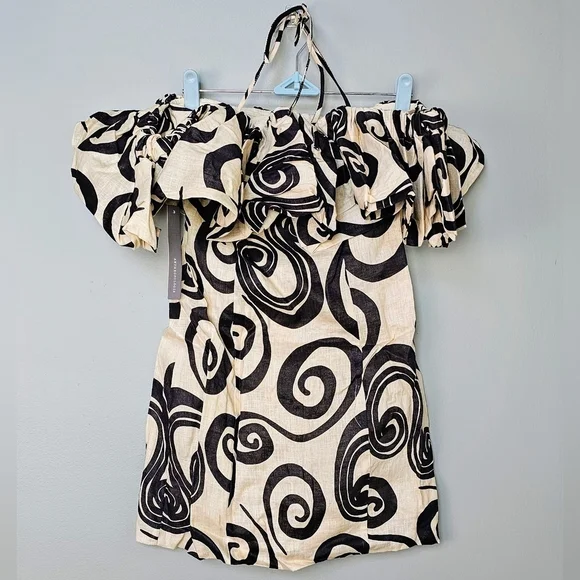 The Wolf Gang Mirador Linen Mini Dress, Vintage Black & Ivory Pattern, XS - Picture 6 of 14